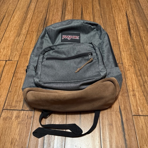 JanSport Backpack Cool Student Laptop Gray Faux Brown Leather Bottom - Picture 4 of 13